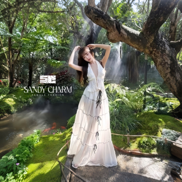 Set áo yếm ren hở lưng kèm chân váy maxy dài phồng xoè đính nơ - Hình ảnh 2