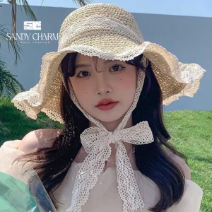 Mũ cói mềm nơ ren đi biển du lịch