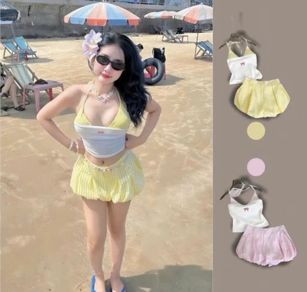 SET đồ 3 món đi biển , áo bikini mix quần dáng bí kèm áo quây thêu nơ dễ thương cho nàng tiểu thư - Hình ảnh 2