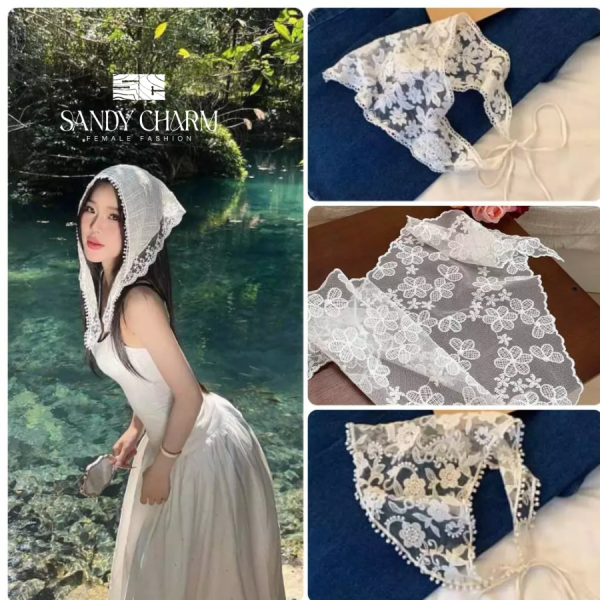Khăn turban trùm đầu ren màu be của Pháp ngọt ngào và dễ thương, khăn quàng cổ hình tam giác hot