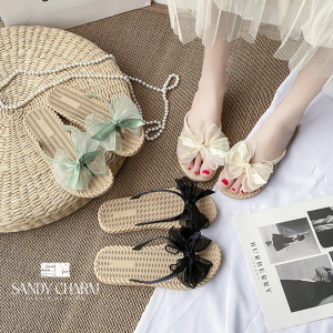 Dép dành cho nữ mùa hè phong cách mới nơ đế phẳng phù hợp bên ngoài mặc đế mềm dép xỏ ngón dép