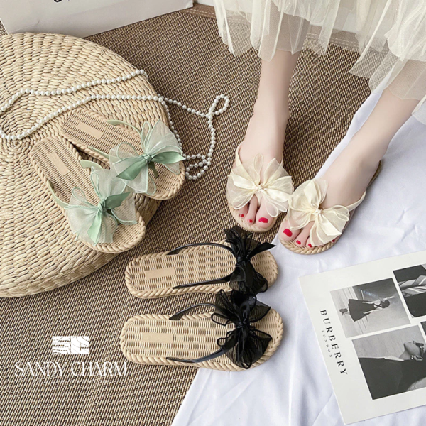Dép dành cho nữ mùa hè phong cách mới nơ đế phẳng phù hợp bên ngoài mặc đế mềm dép xỏ ngón dép