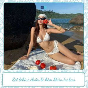 Set bikini chấm bi kèm khăn turban 3 món - Bikini chấm bi Sandy Charm