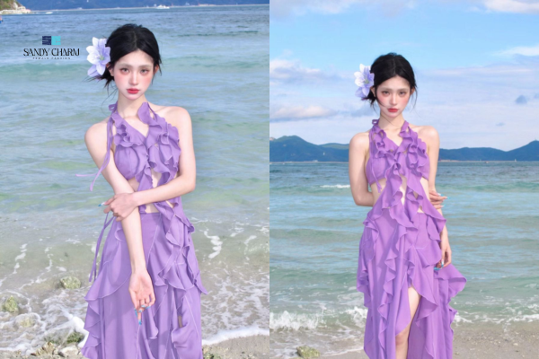 cách pose dáng đi biển với váy maxi